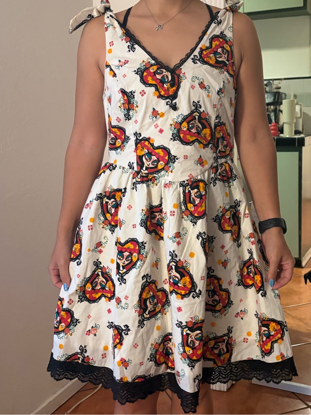 Book of life Graphic Tie-Shoulder Sundress with Black Lace Trim